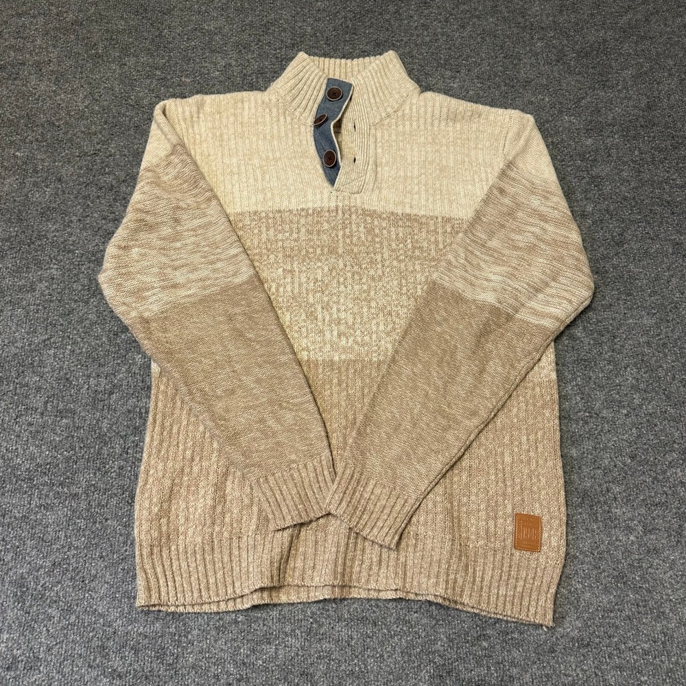 Weatherproof Sweater Mens Size L Beige Color Block Mock Neck Button Knit Casual